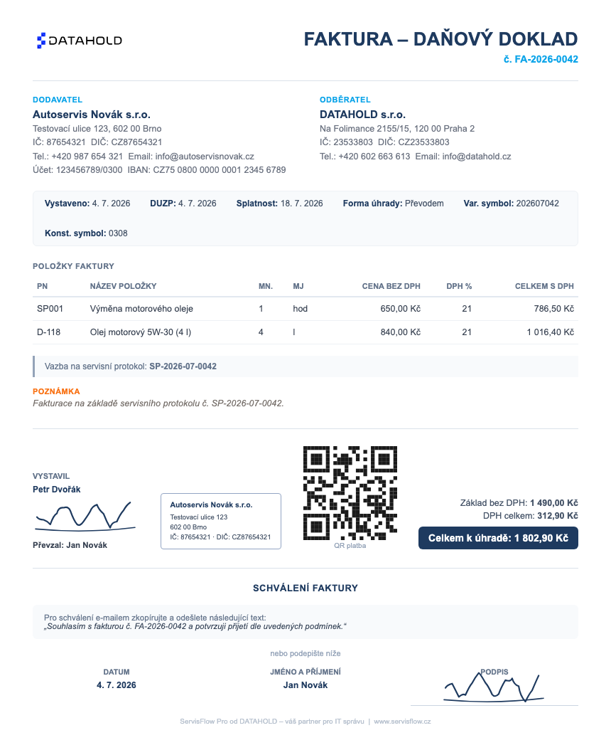 Profesionální faktura ServisFlow s QR platbou