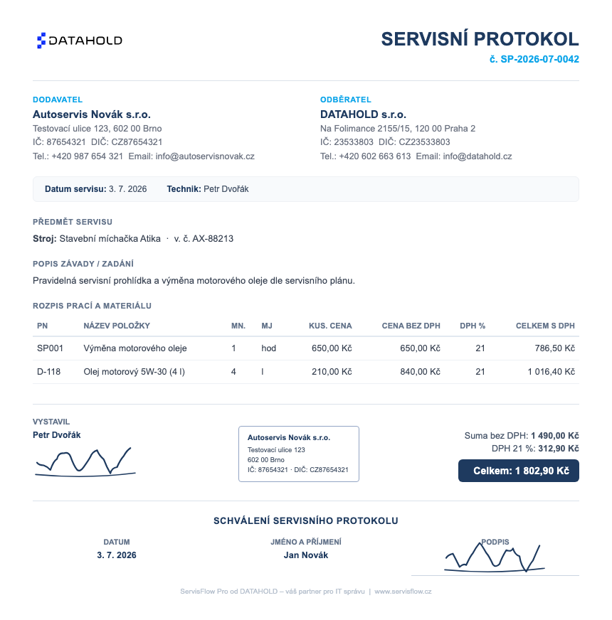 Profesionální servisní protokol ServisFlow s elektronickým podpisem
