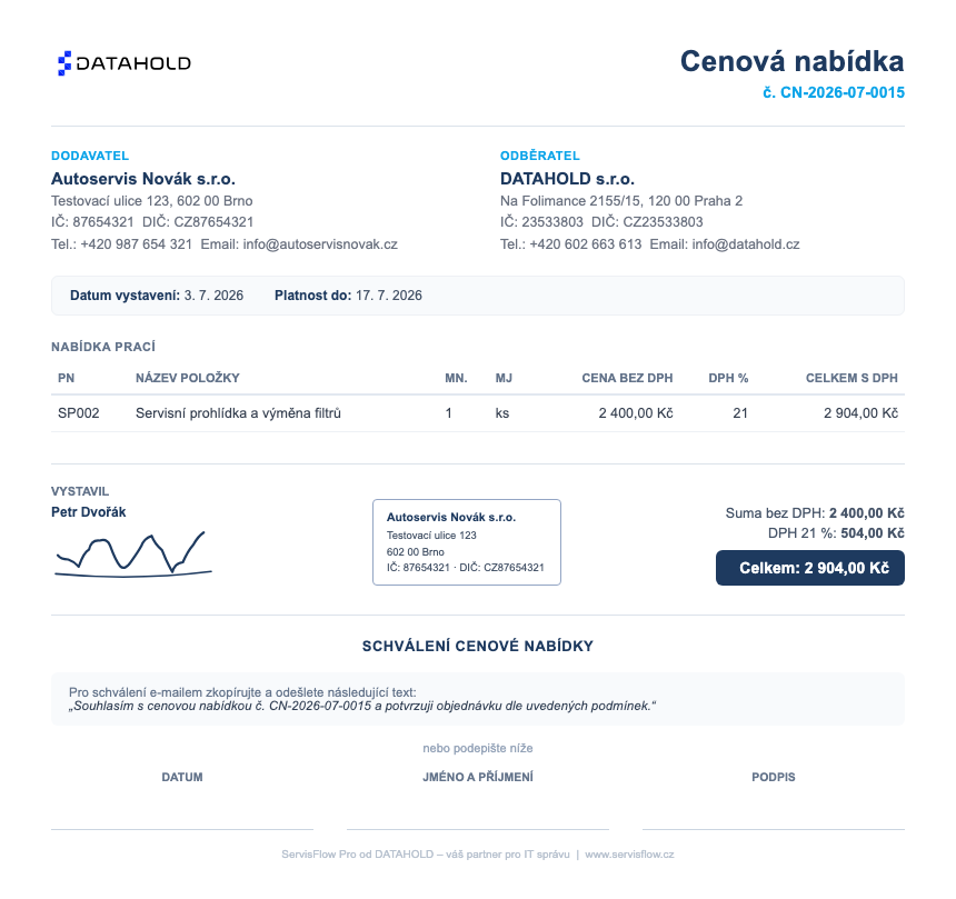 Profesionální cenová nabídka ServisFlow