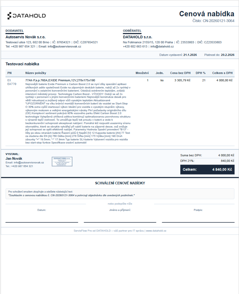 Profesionální cenová nabídka ServisFlow